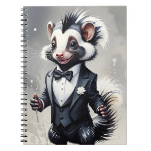 Watercolor Skunk Tuxedo Black Tie White Flower Notebook