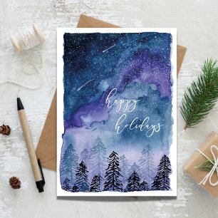 Watercolor Sky and Forest   Happy Holidays    Holiday Card