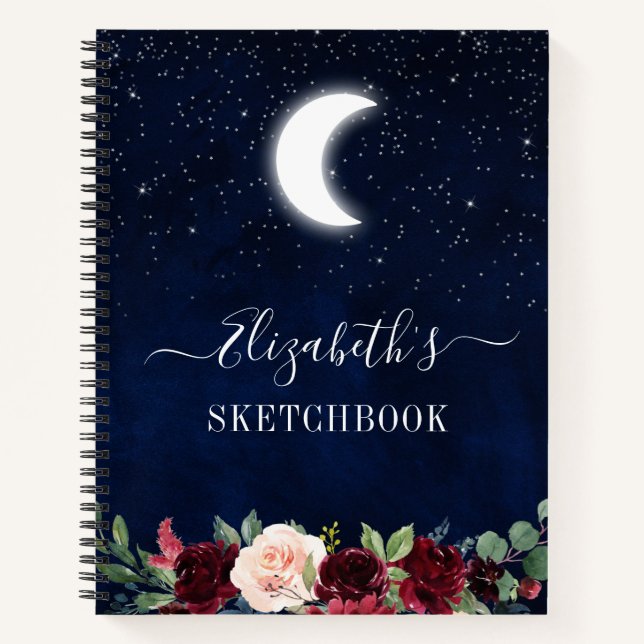 Watercolor Sky Moon Stars Floral Sketchbook Notebook (Front)