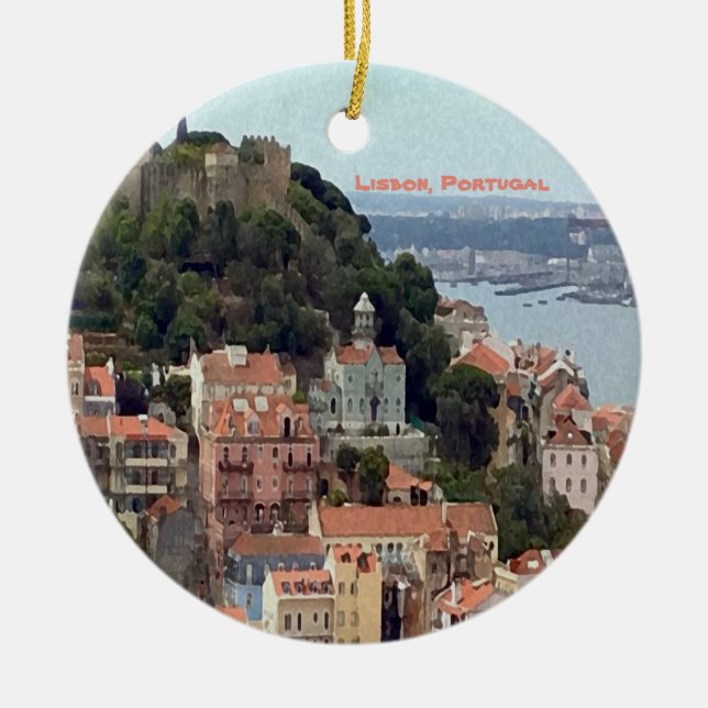 Watercolor Skyline of Lisbon Ceramic Ornament (Front)