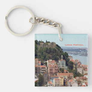 Watercolor Skyline of Lisbon Keychain