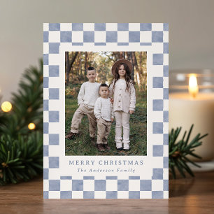 Watercolor Slate Blue Gingham Christmas Photo Holiday Card