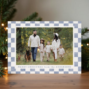 Watercolor Slate Blue Gingham Christmas Photo Holiday Card