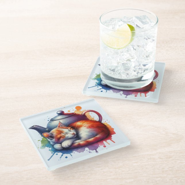 Watercolor Sleeping Cat Teapot Glass Coaster (Angled)