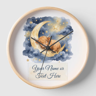 Watercolor Sleeping Highland Calf Crescent Moon Clock
