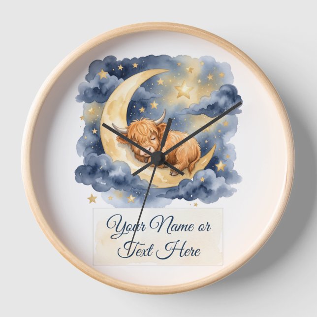 Watercolor Sleeping Highland Calf Crescent Moon Clock (Front)