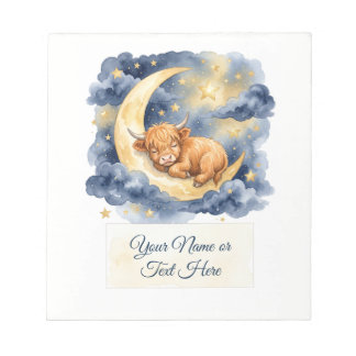 Watercolor Sleeping Highland Calf on Crescent Moon Notepad
