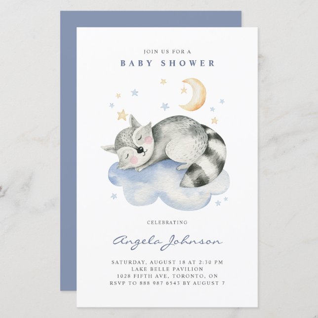 Watercolor Sleeping Raccoon Baby Shower Invitation (Front/Back)