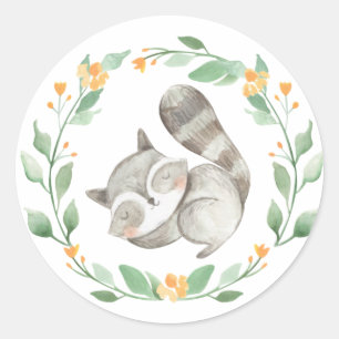 Watercolor Sleeping Raccoon Wreath Baby Shower Classic Round Sticker