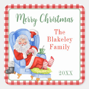 Watercolor Sleeping Santa Christmas Gift Enclosure Square Sticker