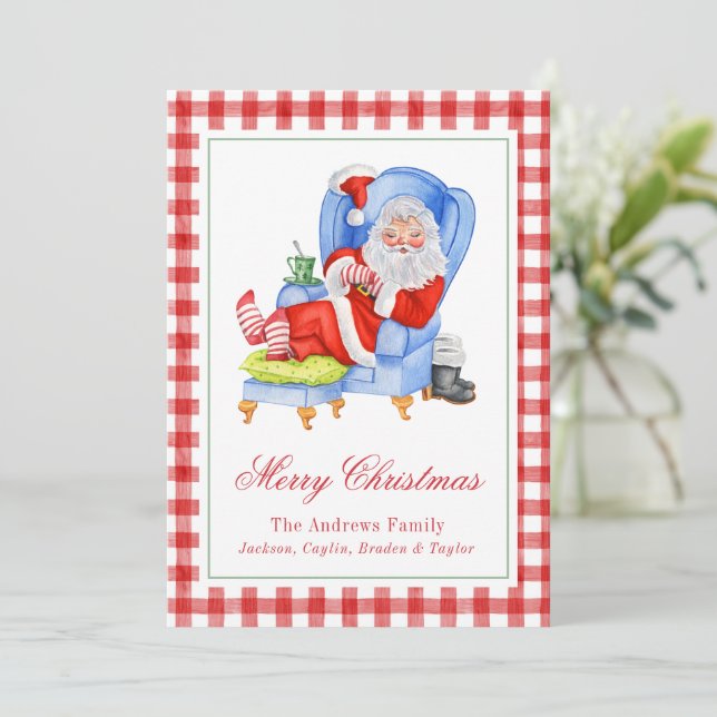 Watercolor Sleeping Santa Gingham Christmas Holiday Card (Standing Front)