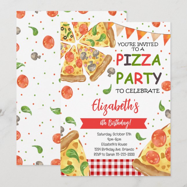 Watercolor Slice Pizza Birthday Party Invitation (Front/Back)