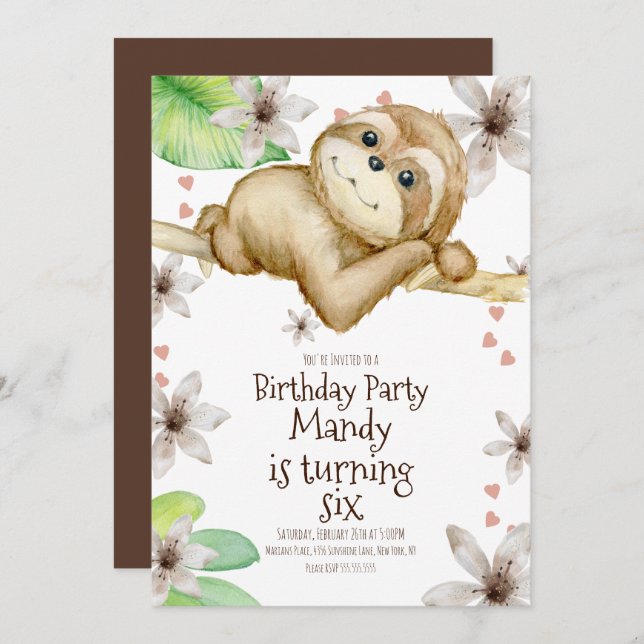 Watercolor Sloth Heart Floral Invitation d'anniver (Devant / Derrière)