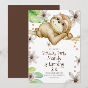 Watercolor Sloth Heart Floral Invitation d'anniver