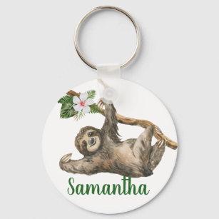 Watercolor Sloth Monogram name Gift Keychain