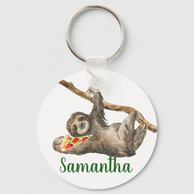 Watercolor Sloth Monogram Pizza Funny Keychain (Front)