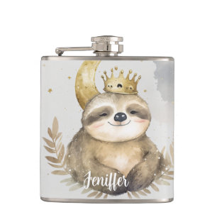 Watercolor Sloth Moon Crown Hip Flask