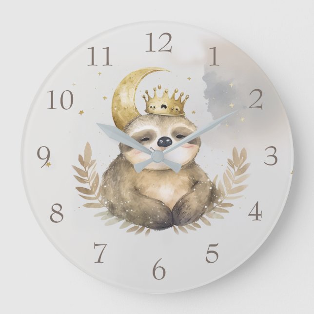 Watercolor Sloth Moon Crown                        Large Clock (Front)
