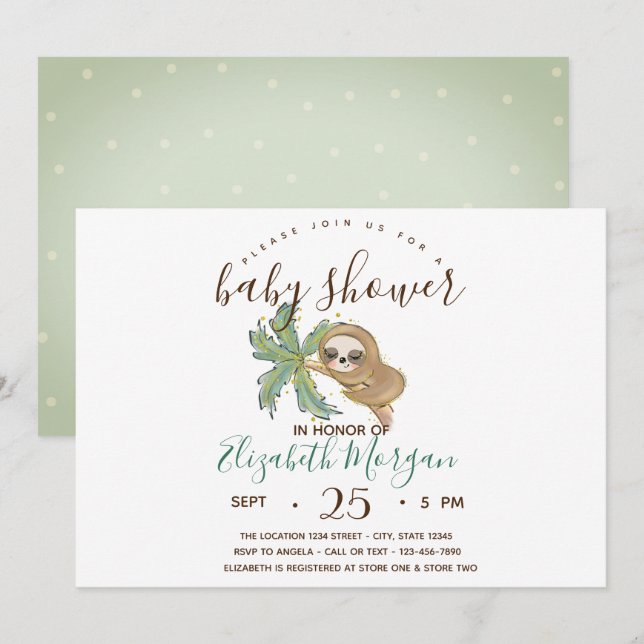 Watercolor  Sloth Polka Dots Baby Shower  Invitation (Front/Back)
