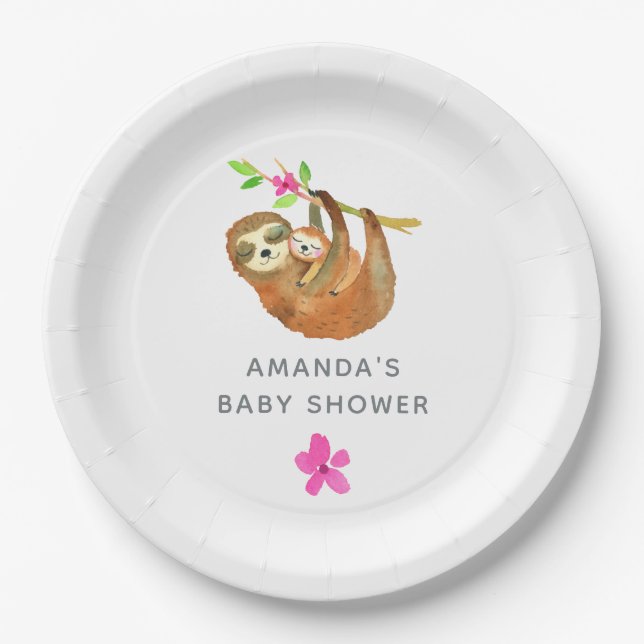Watercolor Sloth themed Baby Shower Paper Plate (Front)