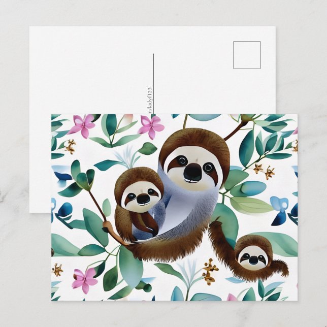 Watercolor Sloth, Wild life, Postcrossing Postcard (Front/Back)