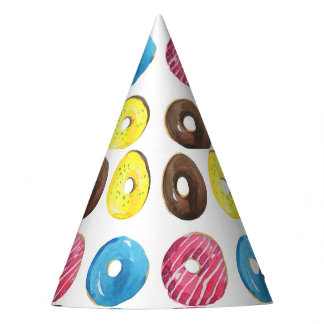 Watercolor small doughnuts, seamless pattern. party hat