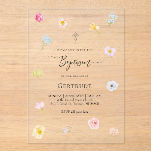 watercolor small flowers Baptism Acrylic Invitations
