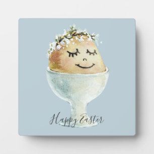 Watercolor Smiling Egg in Cup Easter Tabletop Plaque