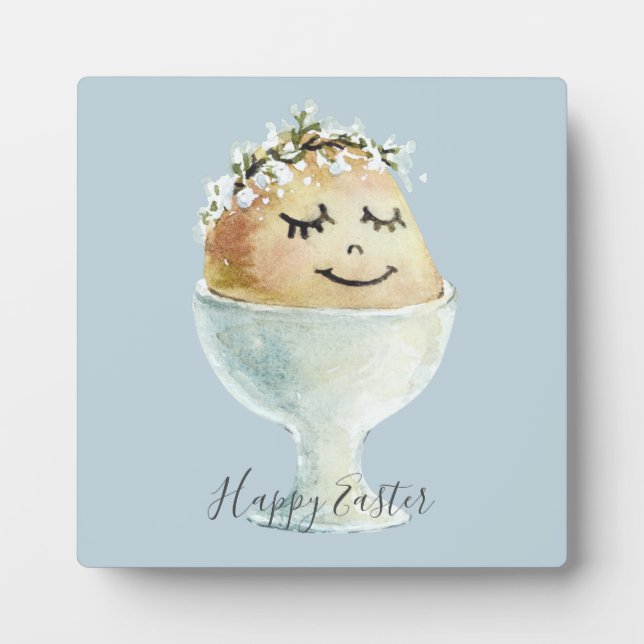 Watercolor Smiling Egg in Cup Easter Tabletop Plaque (Front)