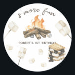 Watercolor S'more Campfire 1st Birthday Classic Round Sticker<br><div class="desc">Watercolor a bonfire,  marshmallows on sticks,  cookie sandwich. Campfire in the woods.</div>