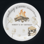 Watercolor S'more Campfire 1st Birthday Paper Plate<br><div class="desc">Watercolor a bonfire,  marshmallows on sticks,  cookie sandwich. Campfire in the woods.</div>