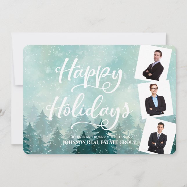 Watercolor Snow and Pine Trees | Happy Holiday Card (Front)