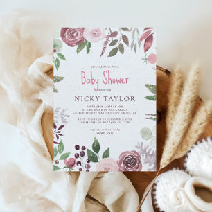 Watercolor Snow Burgundy Fall Flowers Baby Shower Invitation