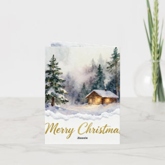 Watercolor Snow Cabin Christmas Card – Cozy Winter