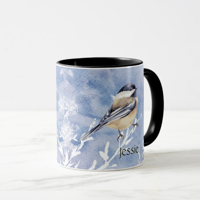 Watercolor Snow Chickadee Garden Bird Custom Name Mug (Front Right)