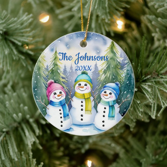 Watercolor Snow Family Keepsake Christmas Ceramic Ornament (Tree)