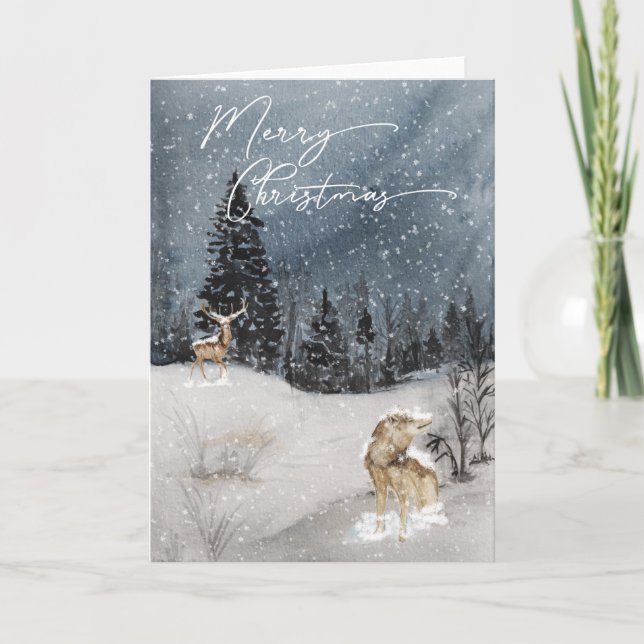 Watercolor Snow Landscape Merry Christmas Card (Front)