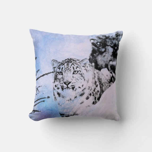 Watercolor Snow Leopard Throw Pillow (Front)