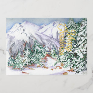 Watercolor Snow mountain landscape with pine trees Foil Holiday Card