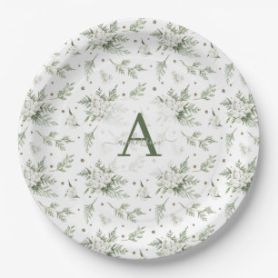 Watercolor Snowberry White Cedar Branch Christmas Paper Plate