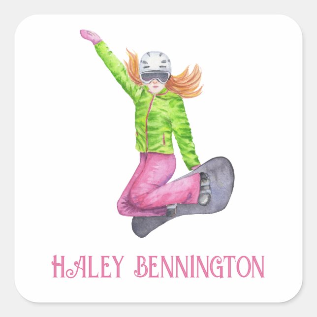 Watercolor Snowboarding Personalized Square Sticker (Front)