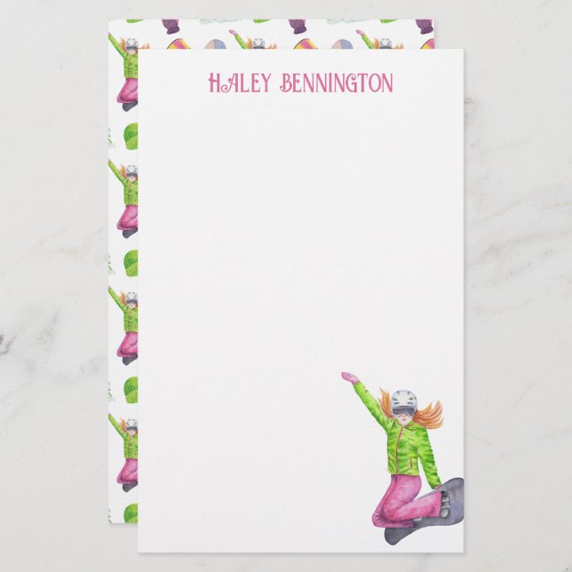 Watercolor Snowboarding Personalized Stationery (Front/Back)