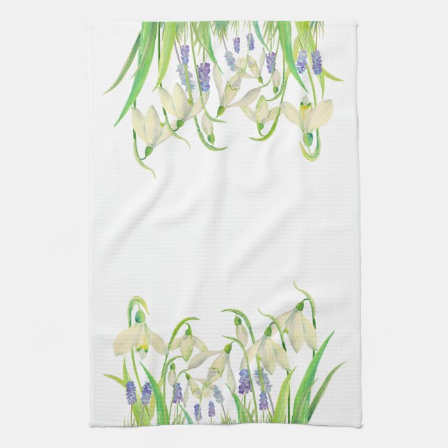 Watercolor Snowdrops and Muscari Kitchen Towel (Vertical)