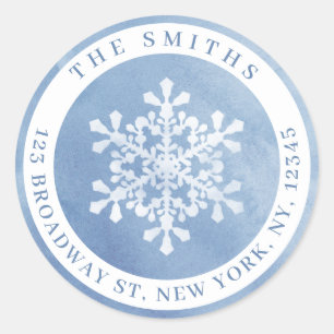 Watercolor Snowflake Blue Christmas Return Address Classic Round Sticker