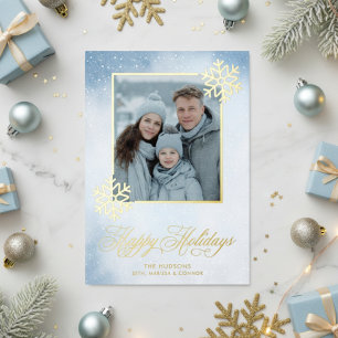 Watercolor Snowflake Blue Photo Happy Holidays Foil Holiday Card