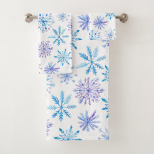 Watercolor snowflakes blue & purple bath towel set