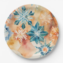 Watercolor Snowflakes Christmas Paper Plate