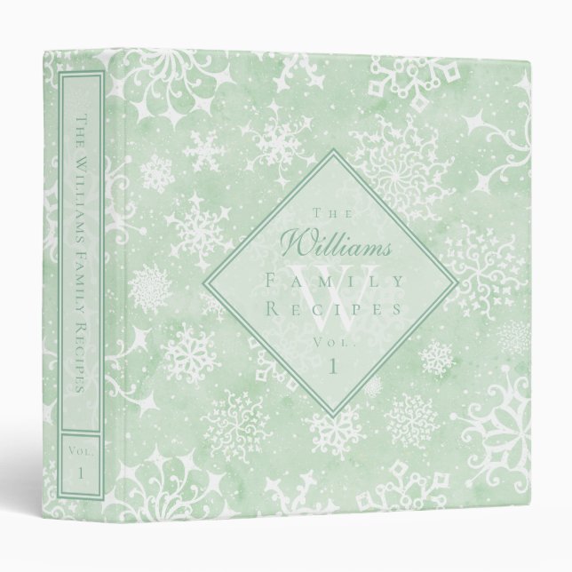 Watercolor Snowflakes Mint Green Recipe Binder (Front/Spine)