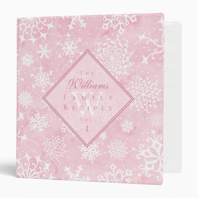 Watercolor Snowflakes Pink Custom Recipe Binder (Front/Inside)