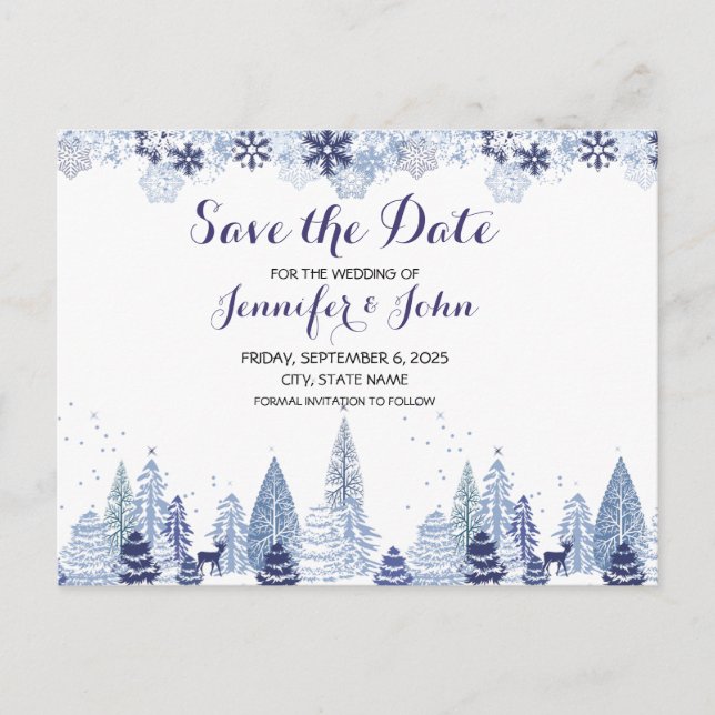 Watercolor Snowflakes Winter Wedding Save The Date Postcard (Front)